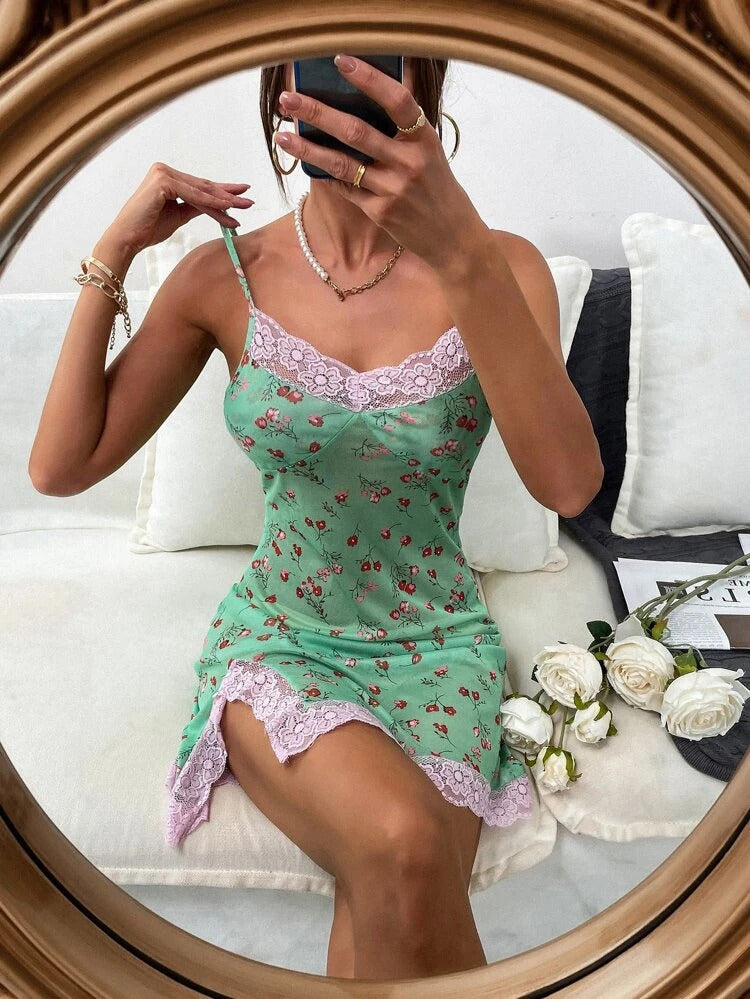 Green Floral Semi Lace Stretch Babydoll